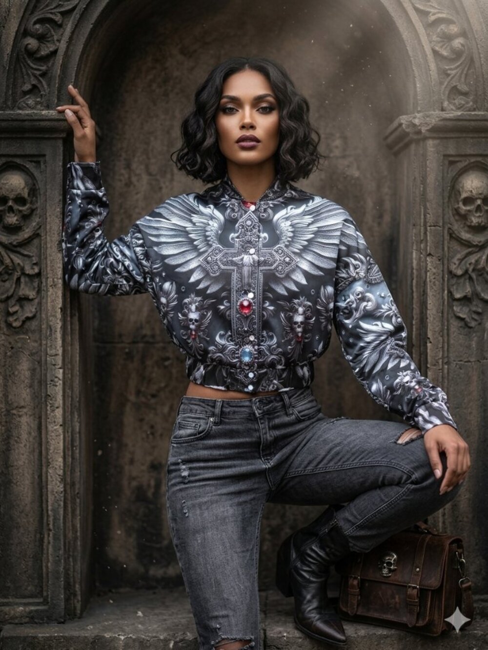 Biker Jesus Black Short Satin Jacket Bejeweled Gothic Silver Size XL Extra large